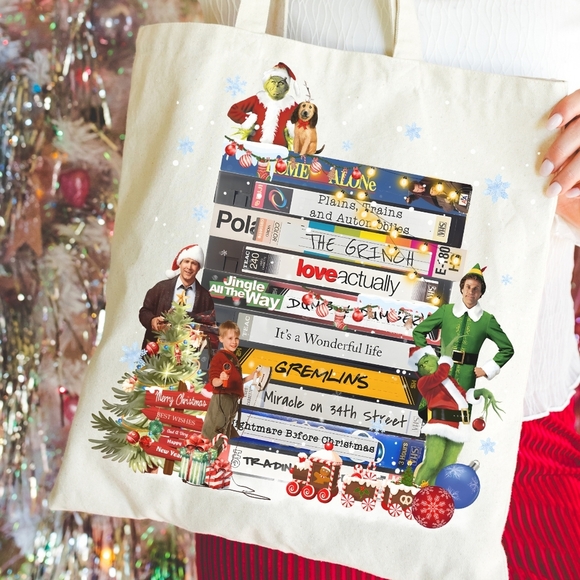 Christmas Movie Favorite Cult Classics VHS Stack Natural Cotton Canvas Tote - Picture 1 of 2
